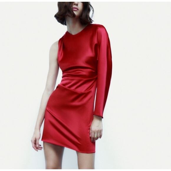 Zara Red Satin Christmas Dress Plus Size XXL One Sleeve Mini - Picture 1 of 13